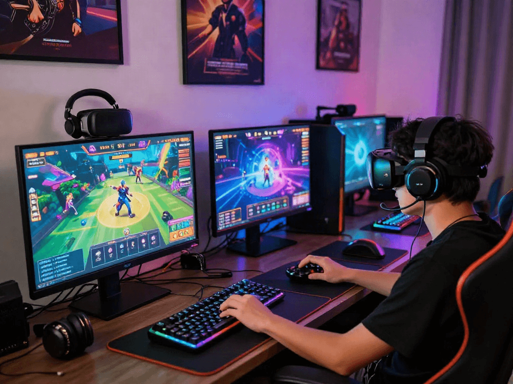 Engaging bandar togel online gaming scene with vibrant screens and action-packed atmosphere.