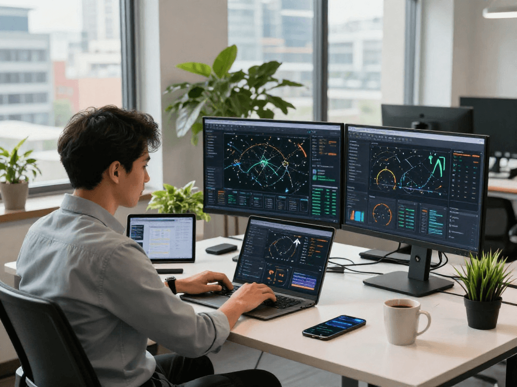 使用QuickQ的网络优化工程师在现代办公环境中专注工作，显示实时网络分析和速度测试，彰显专业性。