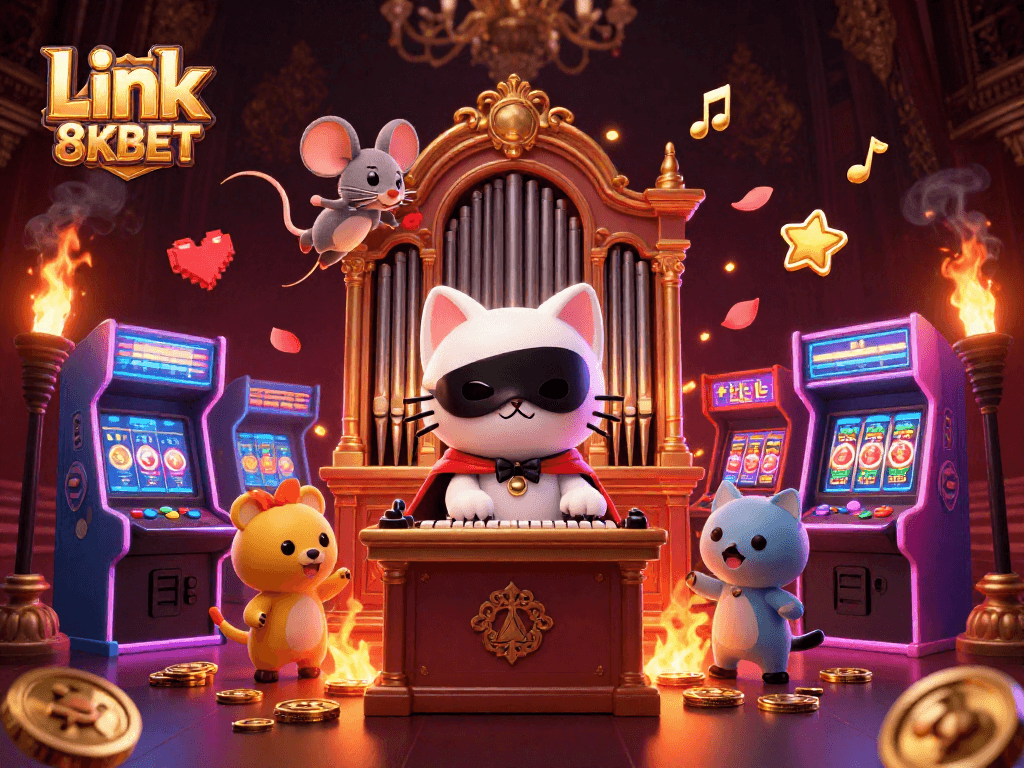 Engage in gaming excitement with Link 8KBET amidst vibrant casino elements and characters.