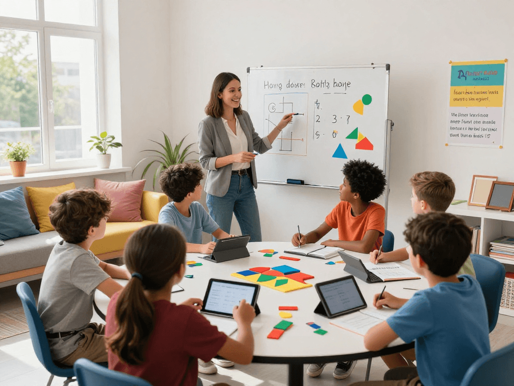 Interactive classroom with Maths tutors guiding diverse students through engaging activities, fostering collaboration and learning.