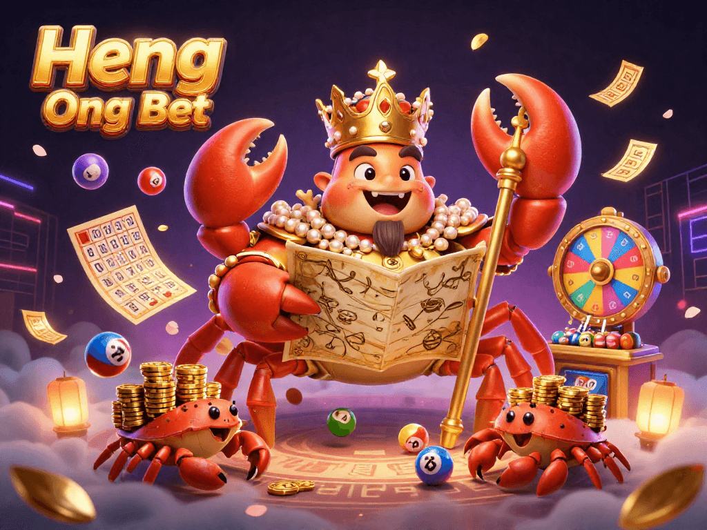 Engaging illustration of Heng Ong Bet with a golden crab emperor surrounded by vibrant prize elements enhancing the gaming experience.