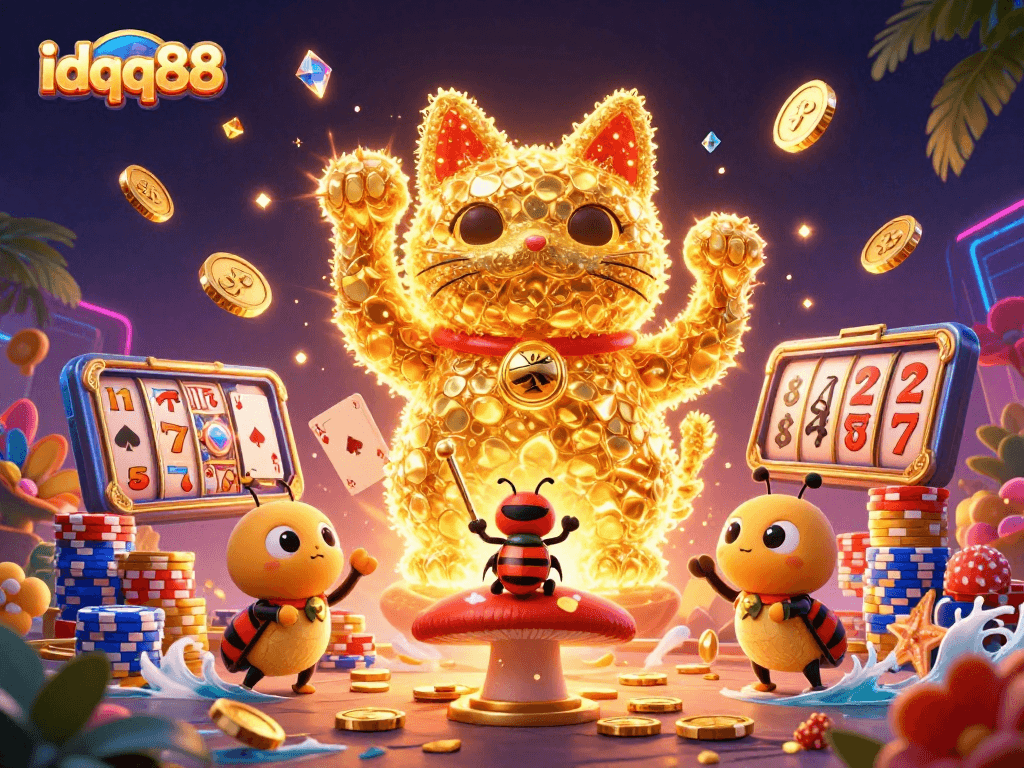 Engage in high-stakes fun at idqq88 with a vibrant illustration of a lucky cat and slot symbols.