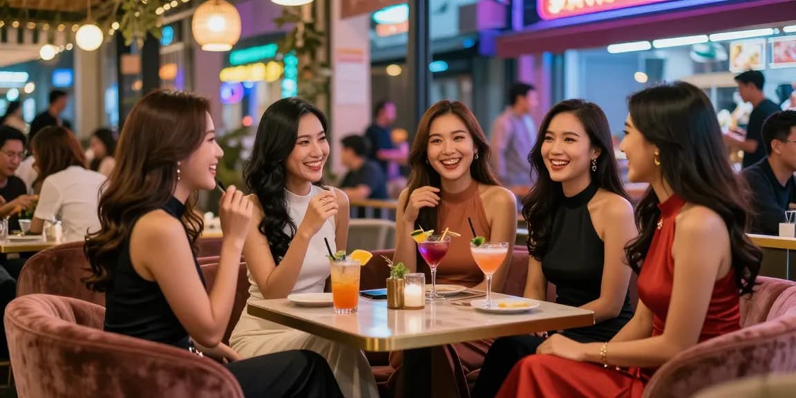 Cảnh tượng sống động của gái gọi đang trò chuyện tại quán cà phê sang trọng, ánh đèn neon tạo không khí năng động.