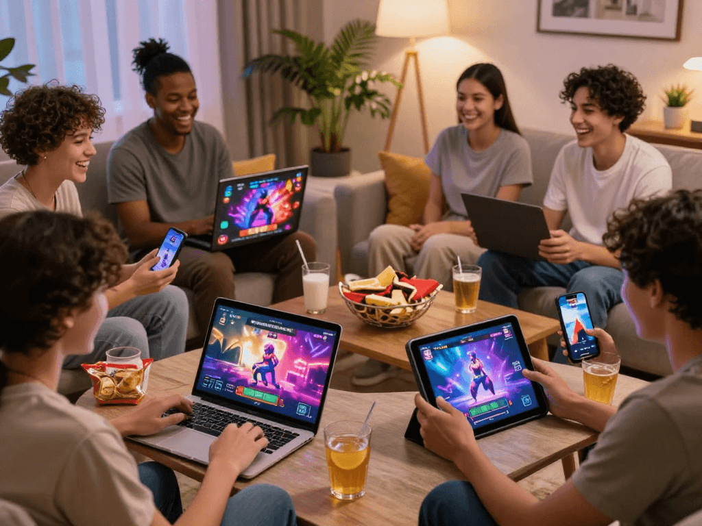 Players enjoying a variety of porn games in a cozy setting with multiple devices.