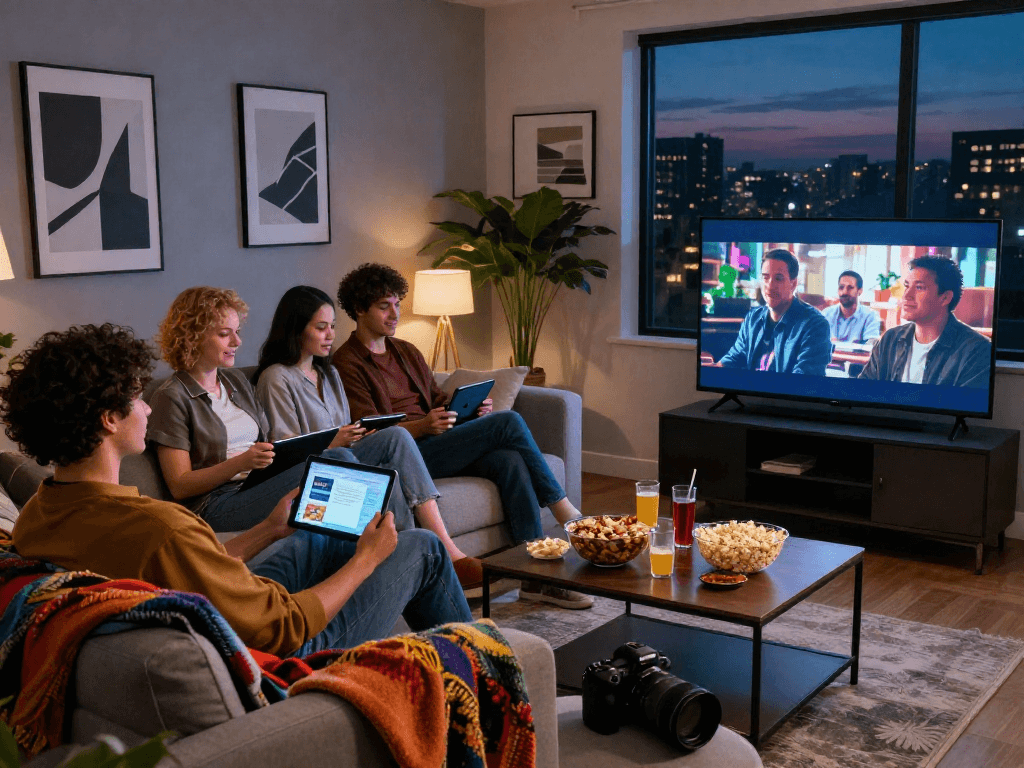Friends enjoying movie night with the Moviebox app in a cozy living room setting.