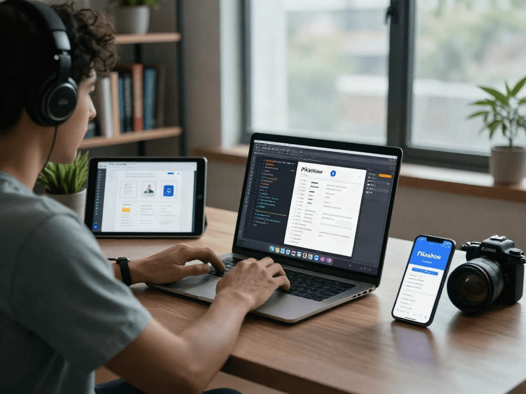 Pikashow APK download development scene with a developer coding on a laptop, showcasing a vibrant workspace.