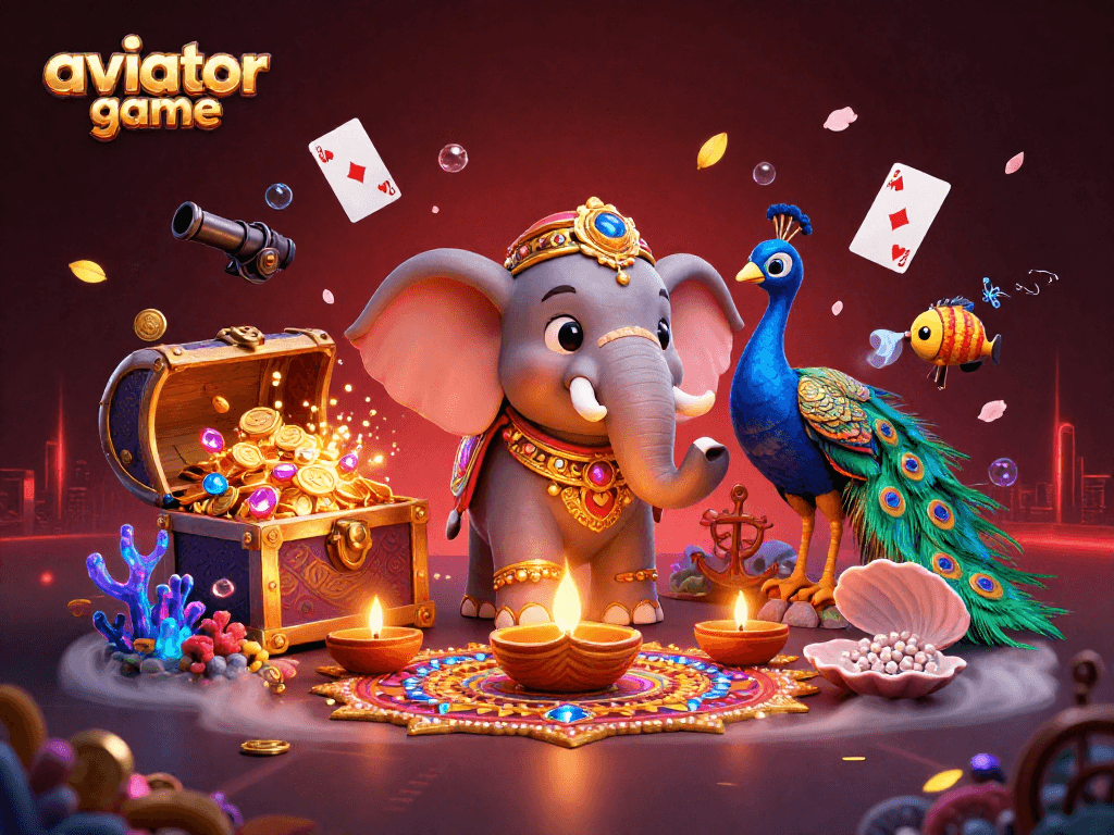 Aviator game featuring a colorful Diwali-themed elephant and peacock, blending casino elements with festive decorations.