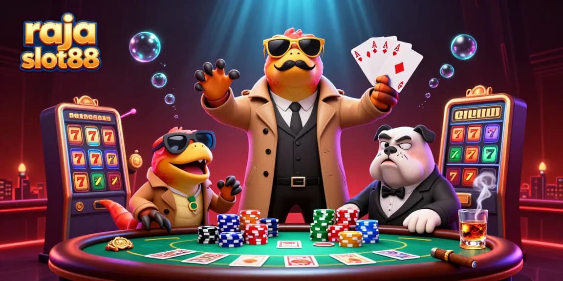 Engage with raja slot88's vibrant casino scene featuring playful raptors navigating a poker table setup.