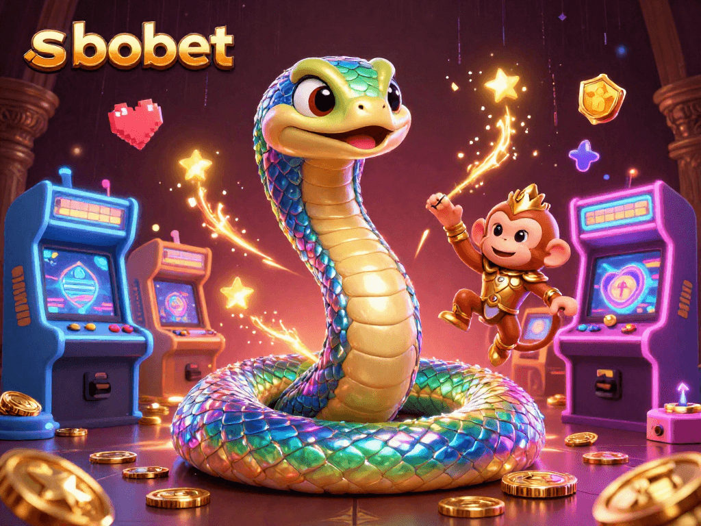 SBOBET sports betting scene featuring a playful monkey king and colorful arcade elements.