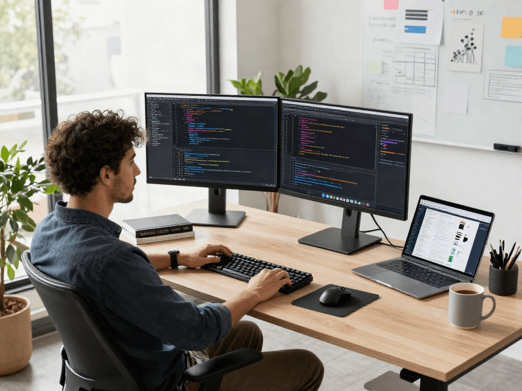 Workspace pengembangan perangkat lunak dengan programmer, fokus pada 快连下载 dan desain aplikasi.