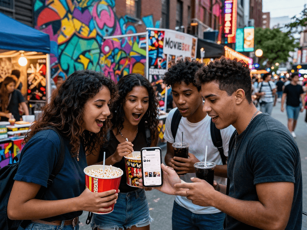 Friends excitedly discussing the Moviebox app download in a lively urban setting with colorful graffiti.