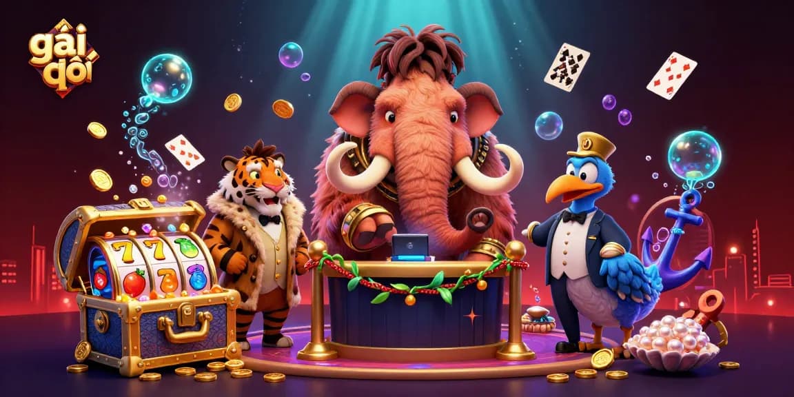 Engaging 3D art of gái gọi featuring casino elements with animated treasures and vibrant characters.