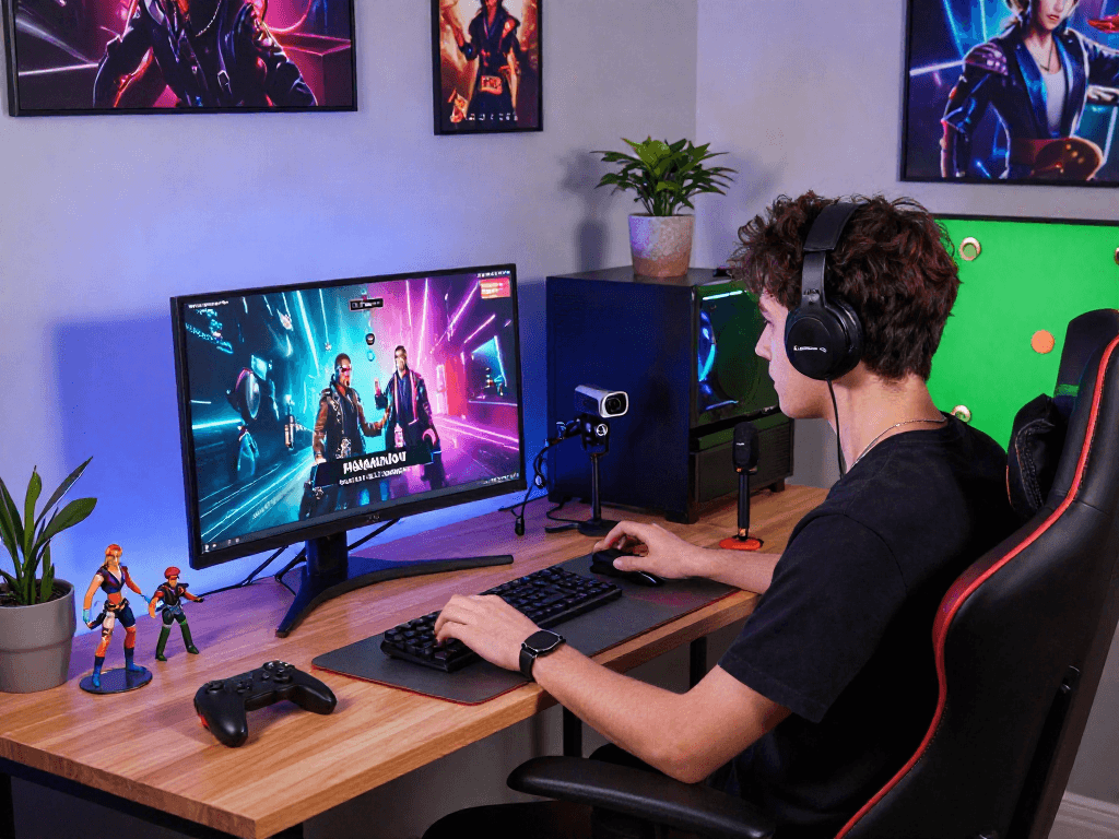 Pikashow streaming setup featuring a gamer immersed in vibrant content with RGB lighting and gaming gear.