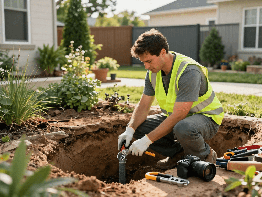 Sewer line service Fort Worth: Professional plumber installing pipes in a well-maintained backyard, emphasizing quality home improvement.