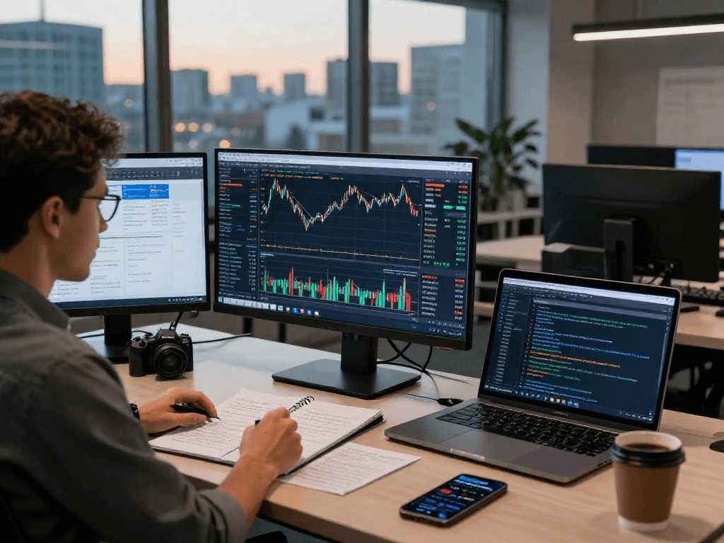 Focused trader analyzing financial charts on MetaTrader 5 platform in modern office.