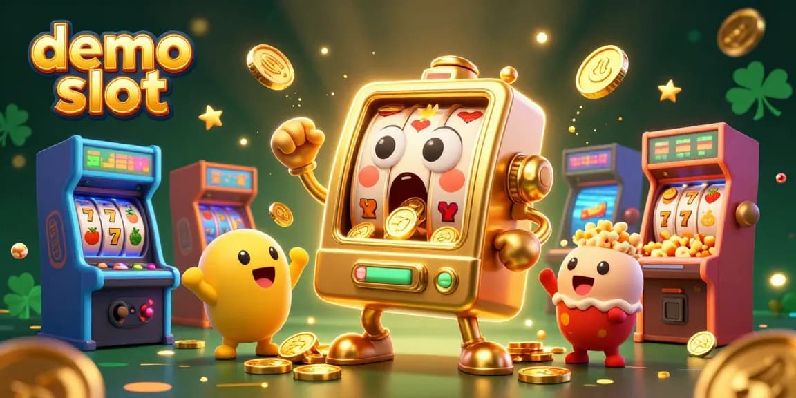 Bermain demo slot dengan mesin slot emas yang terkejut, dikelilingi mesin slot kecil dan efek cemerlang.