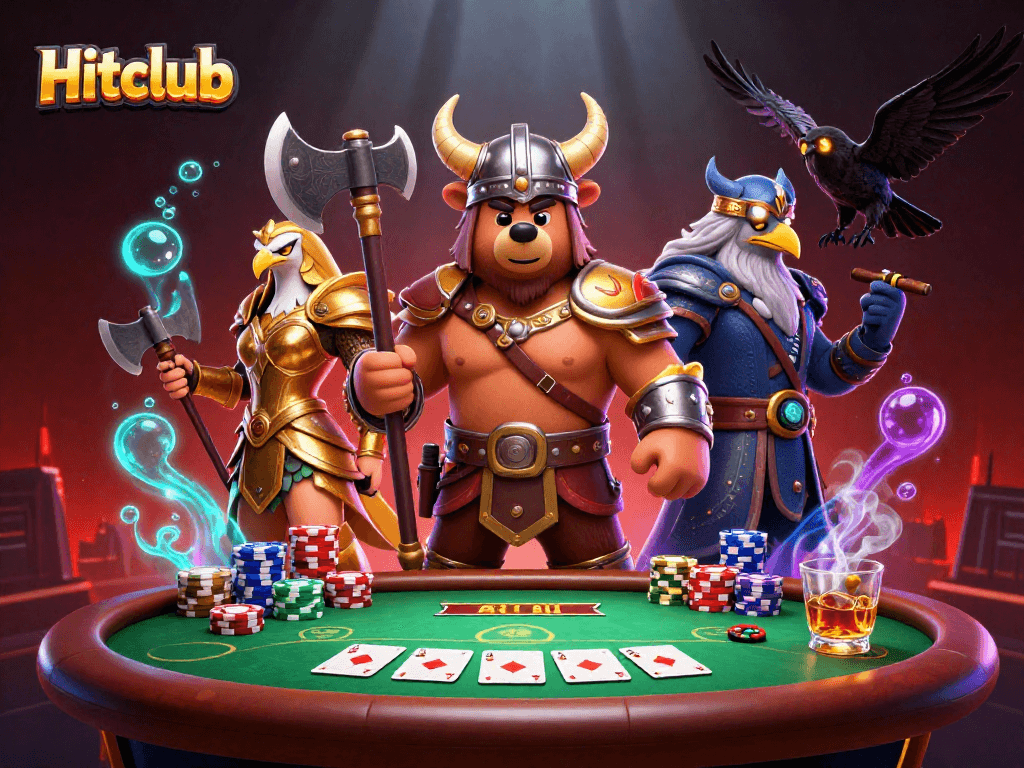Hitclub showcases an intense poker battle scene with a Viking bear and Valkyrie eagle.