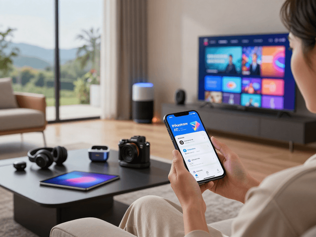Pikashow APK displayed on smartphone in modern living room with smart devices.
