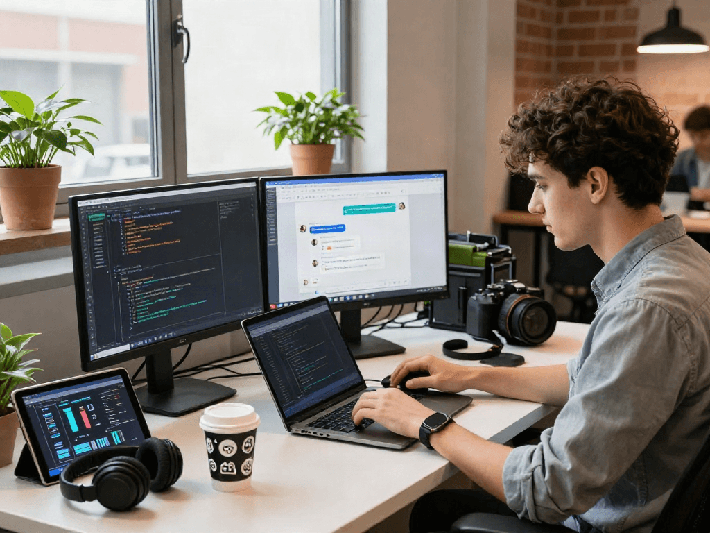 Youthful developer coding on dual monitors featuring an nsfw chat bot interface in a modern office.