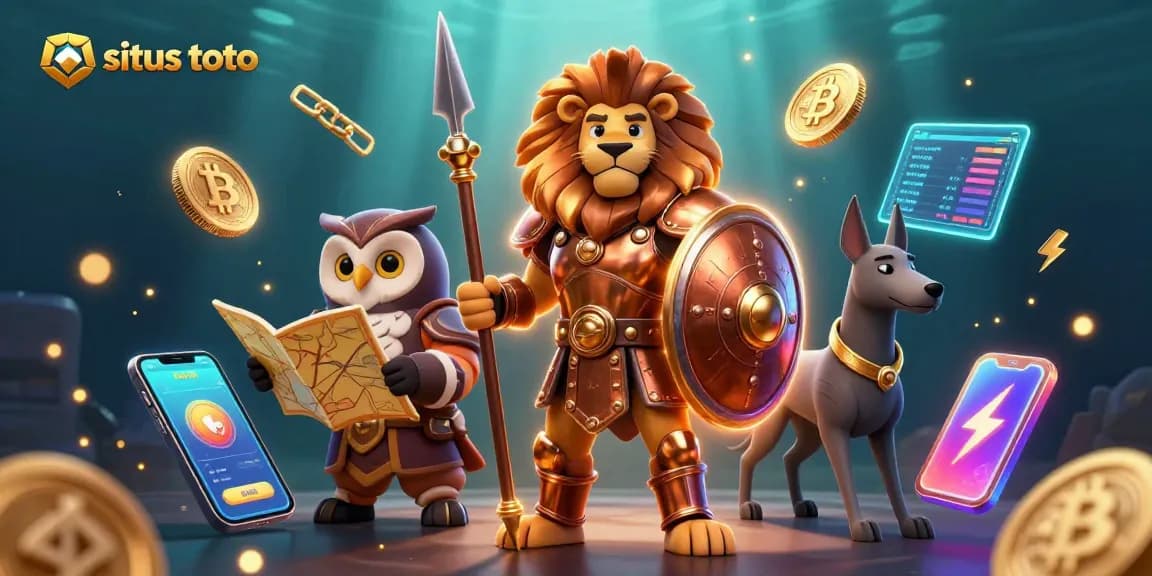Permainan situs toto yang menampilkan karakter singa Spartan bersama strategi dan pesan, dalam latar belakang merah cerah.