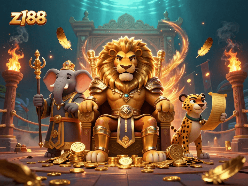 Join the z188 royal gaming adventure with the fierce lion king and his companions amidst grand winnings.