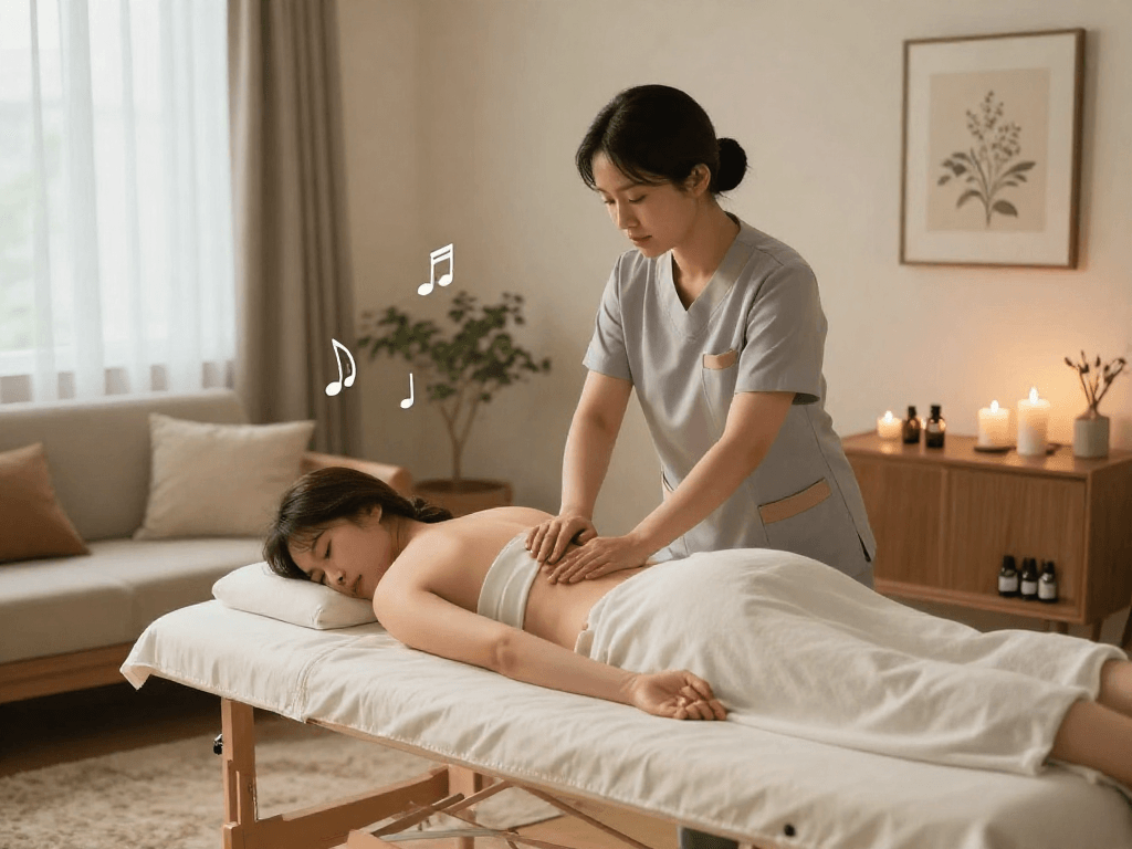 양천구출장마사지 in a calming home setting, featuring a therapist providing a soothing massage.