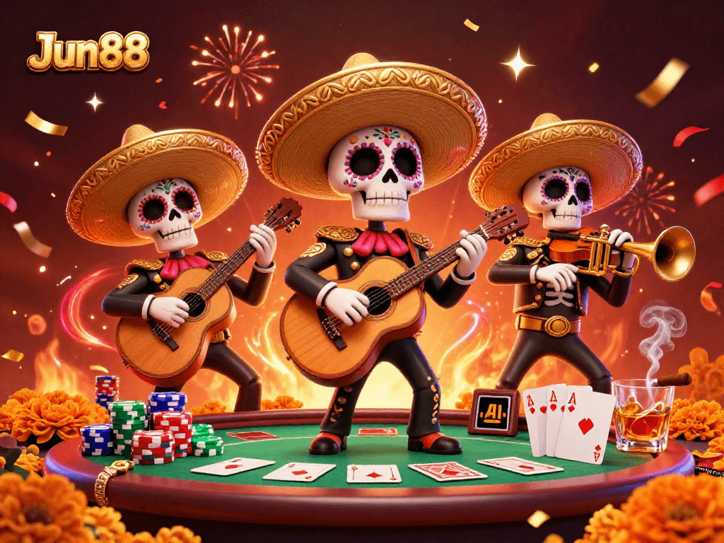 Experience excitement at Jun88 with a vibrant mariachi band amidst a lively poker scene filled with colorful chips and cards.