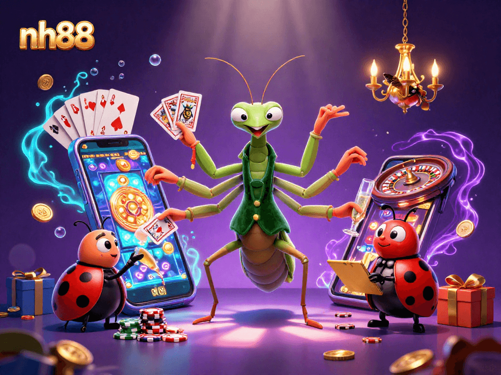 Experience the excitement at nh88 with a vibrant casino scene featuring colorful slot games and energetic characters.