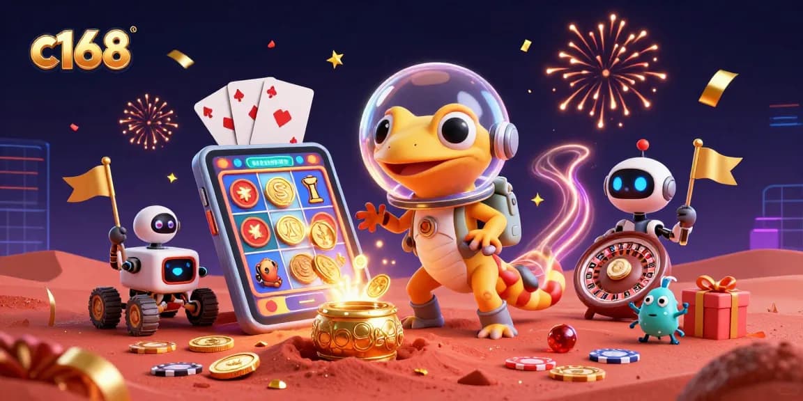 Experience the excitement of c168 with a vibrant Martian casino scene featuring golden elements and action-filled visuals.