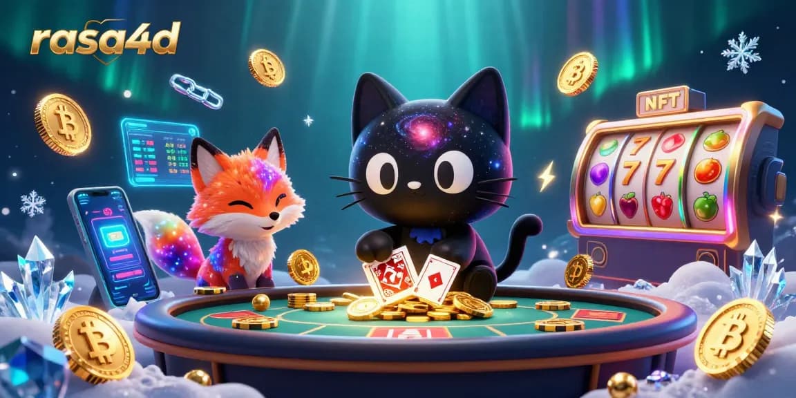 Taruhan di kasino cosmic rasa4d dengan kucing hitam dan rubah nebula yang menarik koin emas dan kartu.