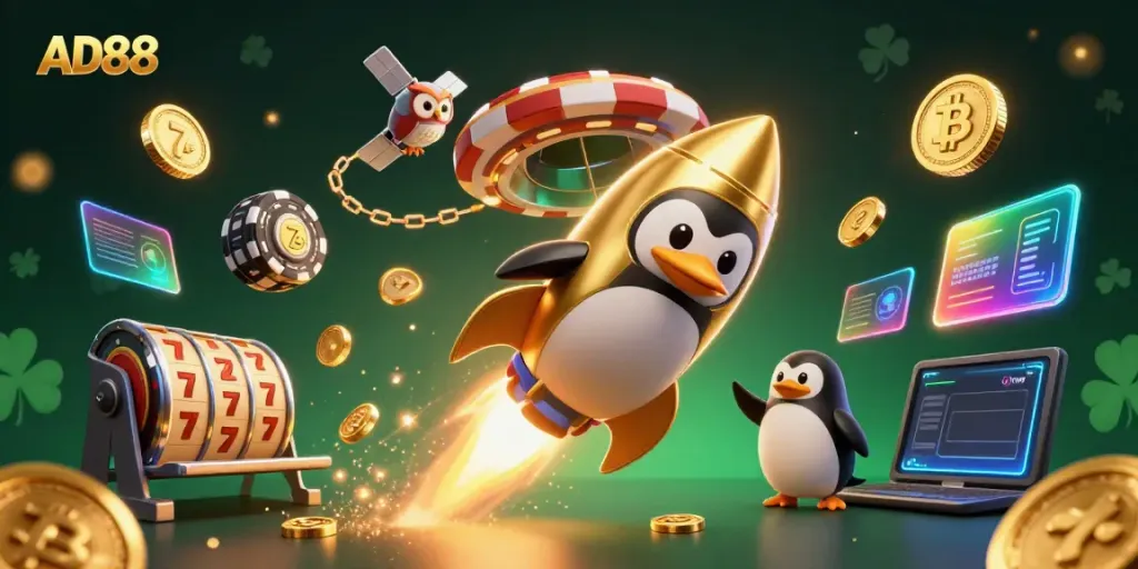 AD88 penguin space adventure surrounded by dazzling slots and crypto elements