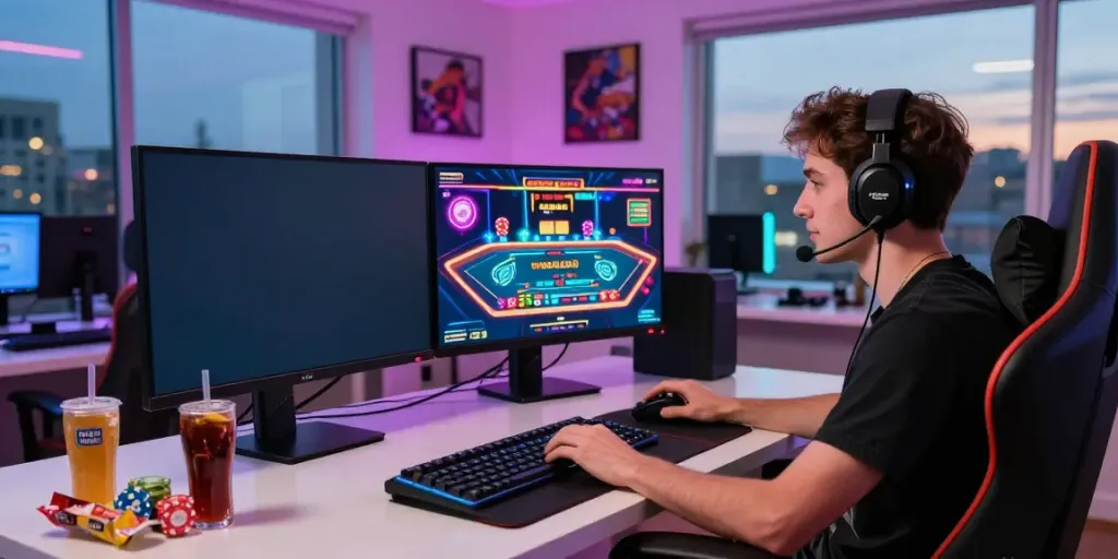 Engaging online gaming setup for Vegas88 with dual monitors and vibrant snacks.