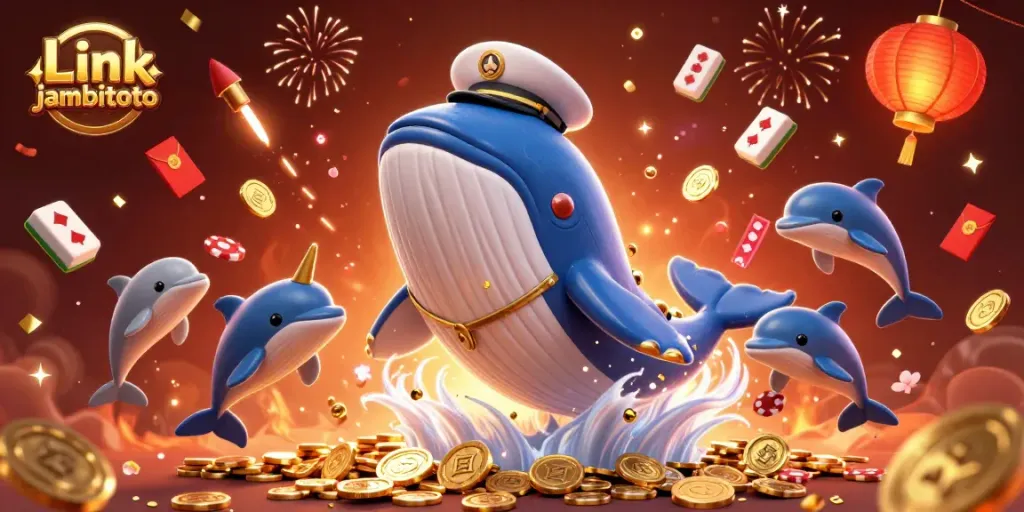 Play poker with excitement in this Link jambitoto scene featuring a giant whale and playful dolphins.