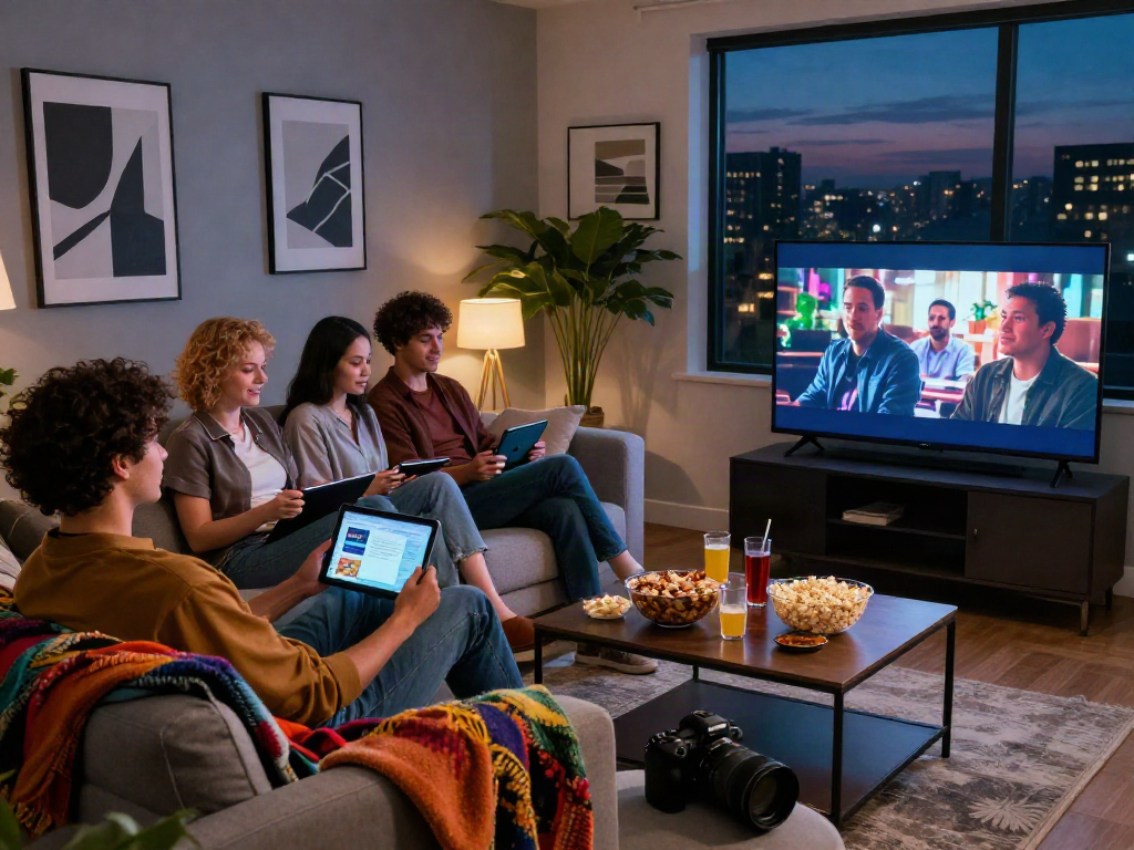 Friends enjoying movie night with the Moviebox app in a cozy living room setting.