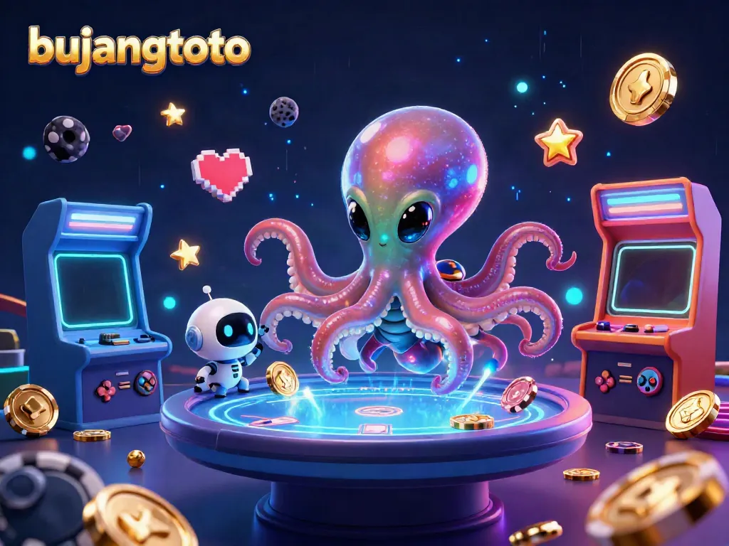 Engage with bujangtoto through a vibrant 3D casino scene featuring alien characters and playful poker elements.