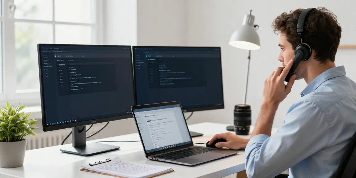 Hotmail technical support scene with a professional helping a customer in a modern office.