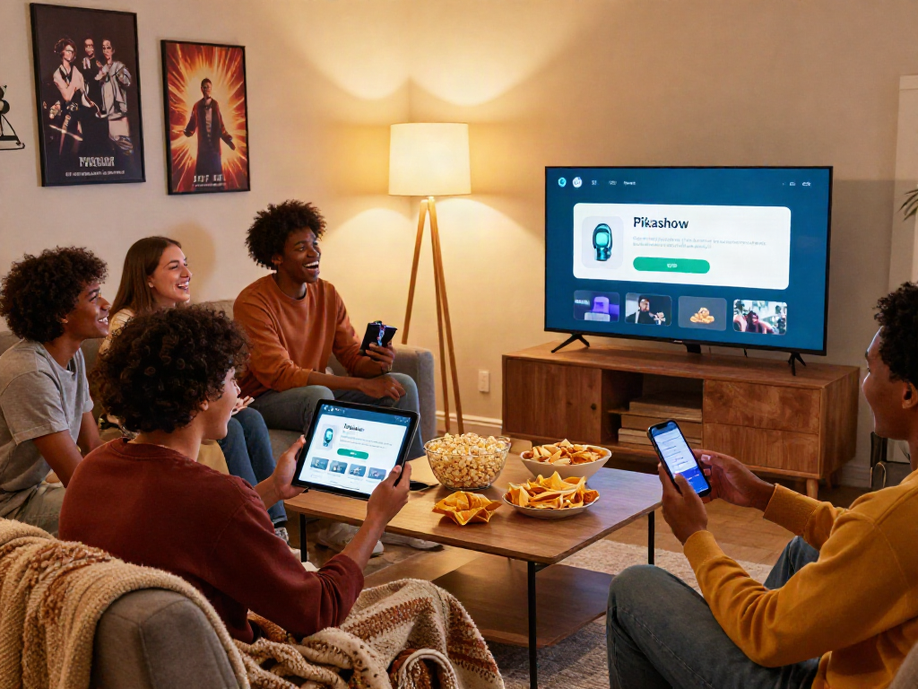 Friends enjoying a movie night while using the pikashow app download on their devices in a cozy living room.