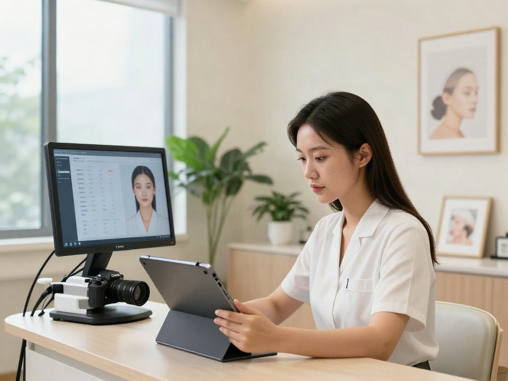ClinicEvo is a better alternative to QOVES, showcasing a woman reviewing her personalized facial analysis in a modern clinic.
