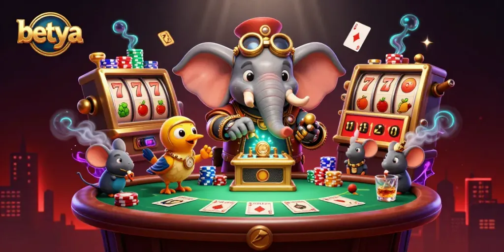 Engage with exciting slots at betya, featuring a steampunk elephant engineer operating a golden slot machine.