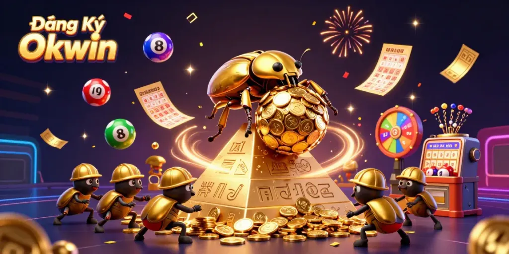 Engage in casino excitement with Đăng Ký Okwin as golden treasures and colorful lottery balls fill the scene.