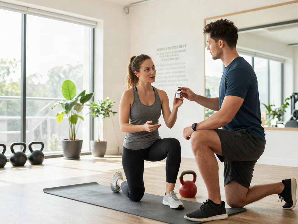 Health enthusiast discussing where to buy MOTS-C peptide in a modern wellness studio.