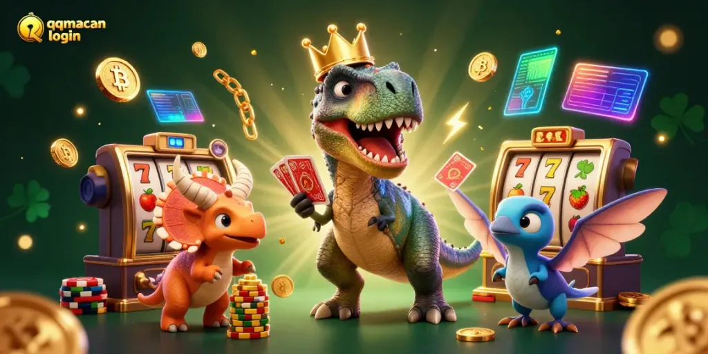 Engage with the unique qqmacan login experience amidst vibrant casino action featuring a T-Rex and friends.