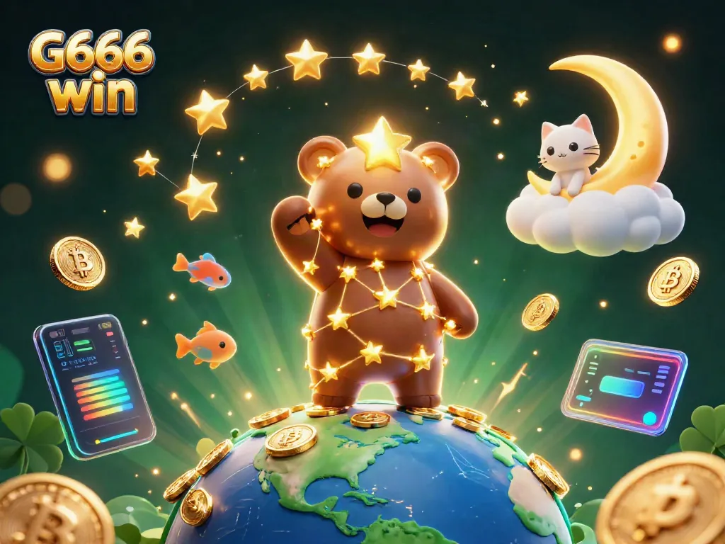 Experience G666 win as the constellation bear collects coins with crypto elements in this vibrant casino scene.