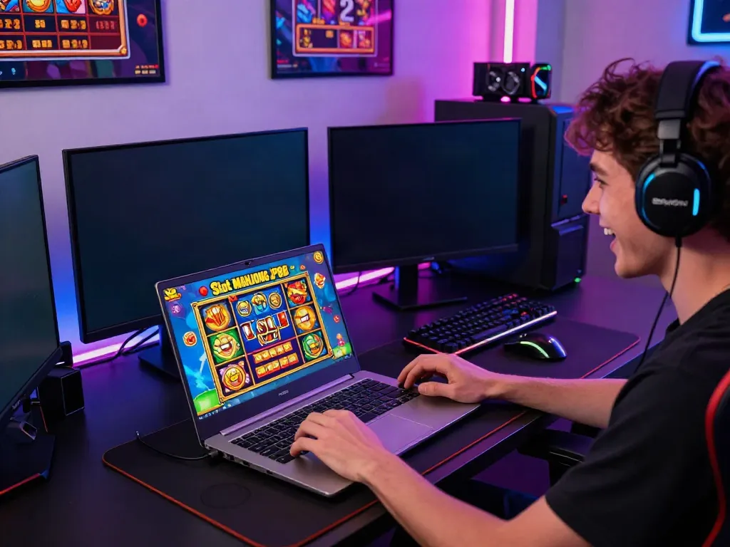 Excited gamer enjoying Slot MAHJONGJP88 on laptop with vibrant graphics.