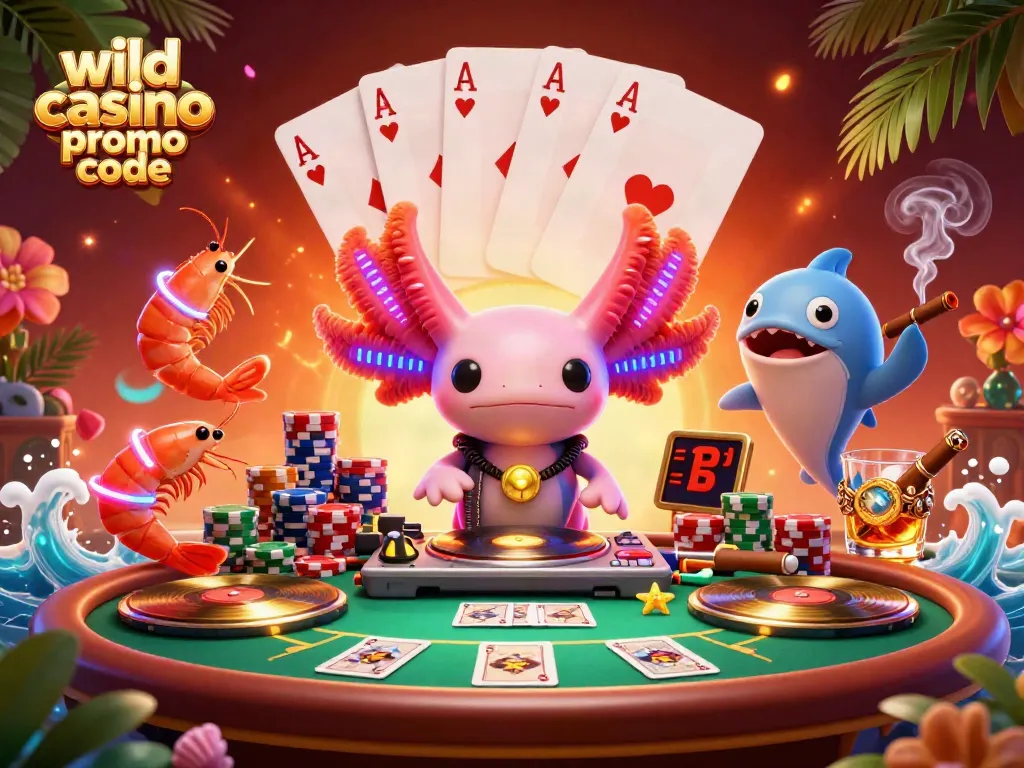Playing with the wild casino promo code, the axolotl DJ entertains players at a vibrant poker scene.