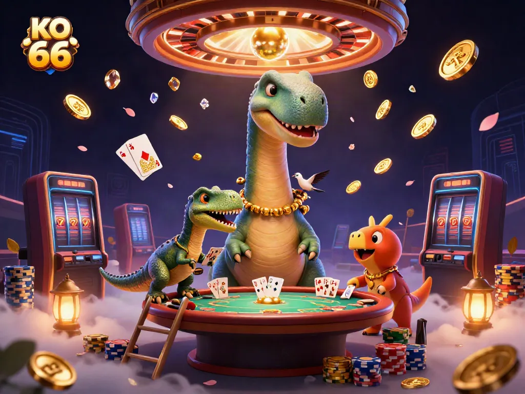 Engage with KO 66 in an exciting casino scene featuring playful dinosaurs and vivid gaming action.