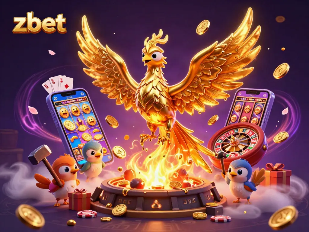 Engage with zbet's online gaming world featuring a golden phoenix and dynamic casino visuals