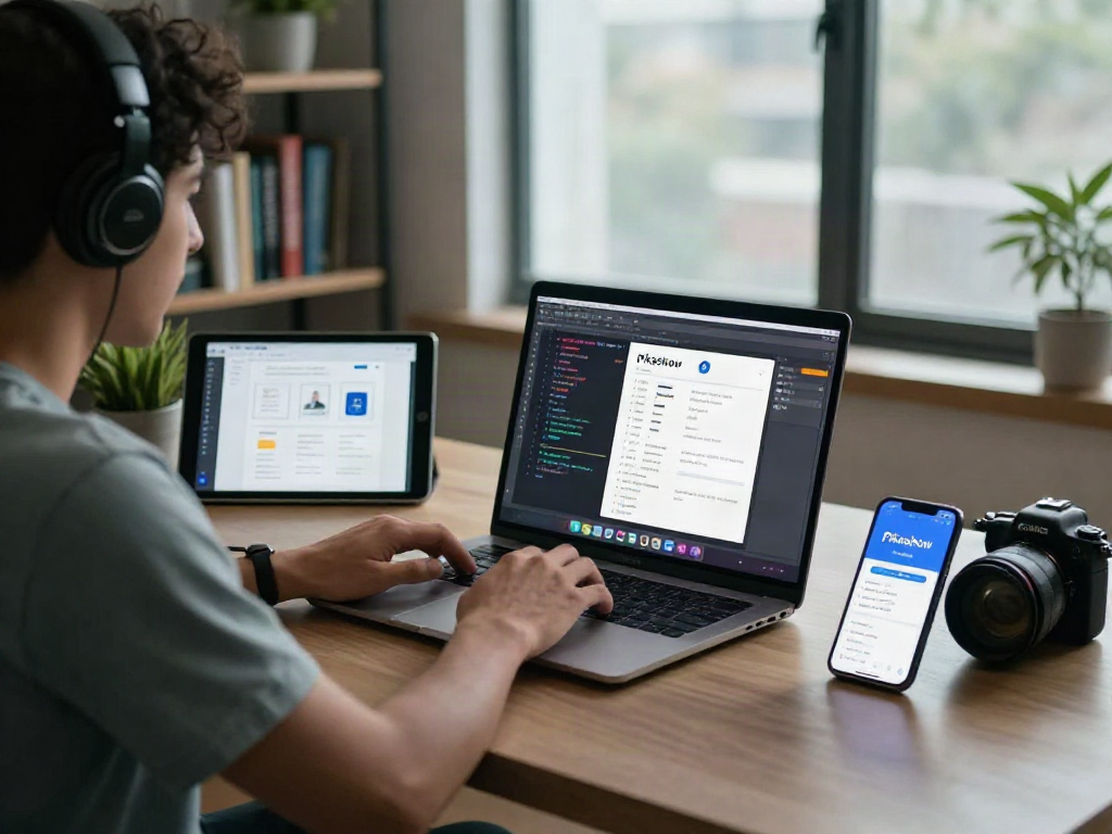 Pikashow APK download development scene with a developer coding on a laptop, showcasing a vibrant workspace.