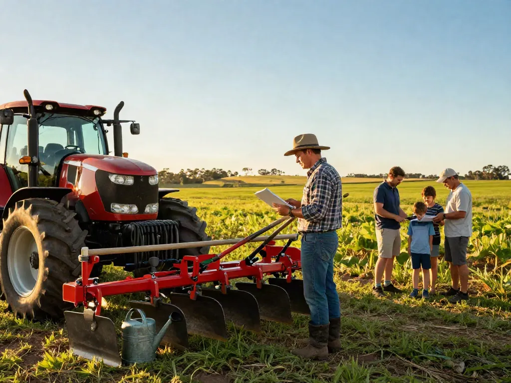 Agriculture Equipment Financing Brisbane scene featuring a farmer inspecting new machinery against a picturesque Queensland landscape during sunset.