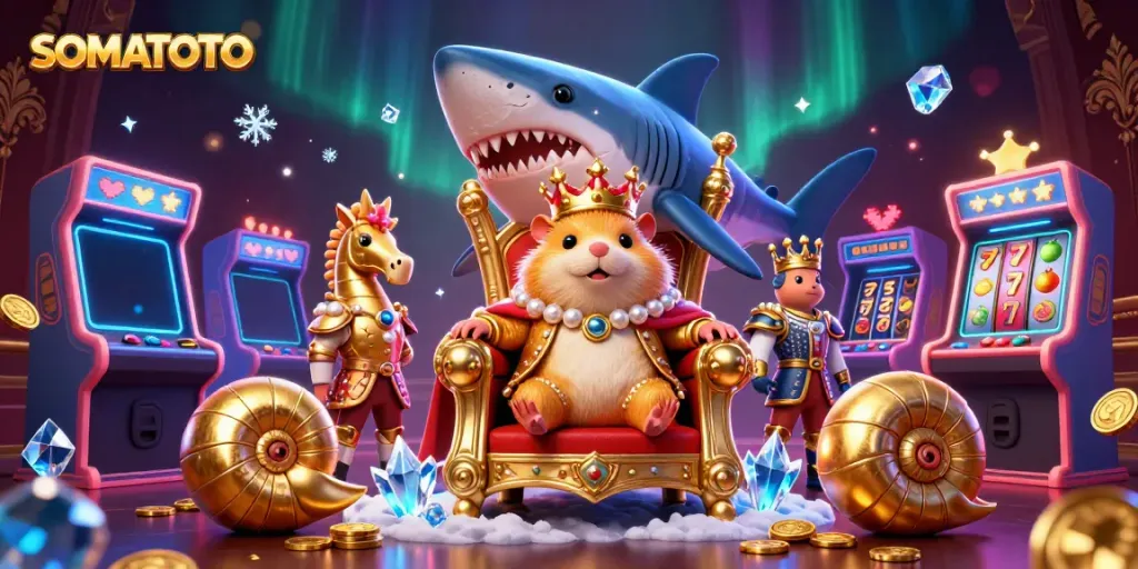 Experience the thrill of SOMATOTO with a golden hamster king amidst casino-themed vibrant elements.
